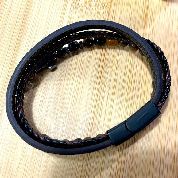 Brand New Men's Beaded Braided Leather Metal Cross Bracelet Magnetic Clasp - Picture 8 of 15